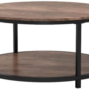 36" Round Coffee Table, 2-Tier Wood with Storage Shelf, Modern Rustic Living Room, Light Walnut