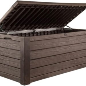 150 Gallon Deck Box with Bench Seat, Resin Outdoor Storage Organizer, Lockable Lid, Brown, Garden/Patio Use