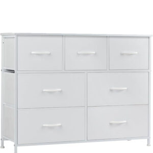 7 Drawer Fabric Dresser, Wide Storage Tower with Wooden Top & Metal Frame, Closet Organizer TV Stand, White