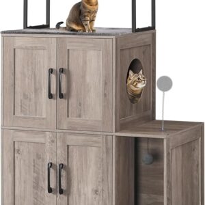 2-in-1 Cat Litter Box Enclosure, Double Cabinet with Shelf & Toy Balls, Greige & Black