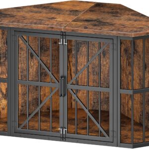 44" Corner Dog Crate Furniture, Medium Dog Kennel End Table TV Stand with Metal Frame, Rustic Brown & Black
