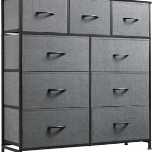 9 Drawer Fabric Dresser, Tall Storage Tower with Wood Top & Steel Frame, Closet Organizer Chest, Dark Grey
