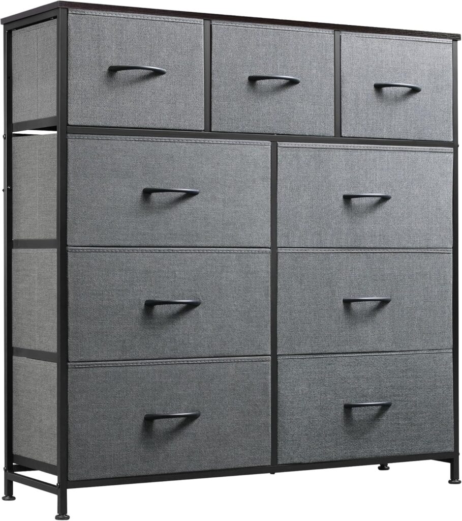 9 Drawer Fabric Dresser, Tall Storage Tower with Wood Top & Steel Frame, Closet Organizer Chest, Dark Grey