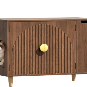 35.4" Fluted Cat Litter Box Enclosure, Wooden Hidden Litter Box Furniture with 2-Tier Drawer, Modern Cat House End Table, Walnut