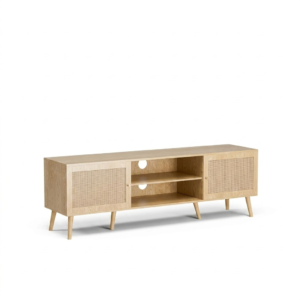 TV Stand for 65” TVs, Rattan Door Media Console, Long Boho Entertainment Center with Shelves & 2 Cabinets, Natural