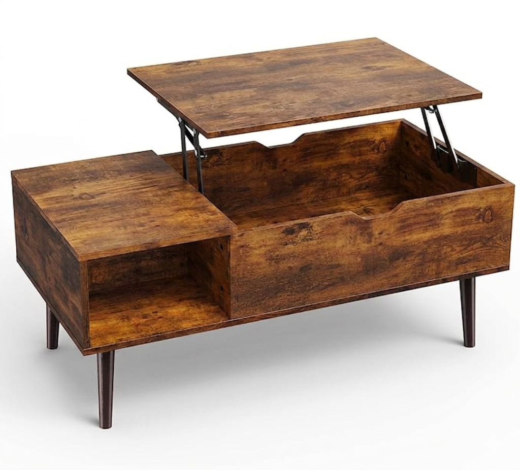 Lift-Top Coffee Table, Small Wooden Center Table with Storage Shelf & Hidden Compartment, Brown