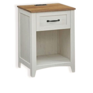 Farmhouse Nightstands Set of 2 with Charging Station, Bedside Tables with Drawer & Open Shelf, Rustic White & Honey Brown