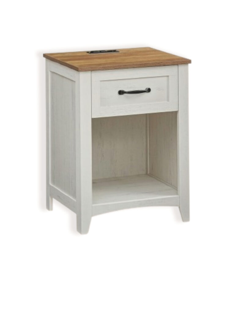 Farmhouse Nightstands Set of 2 with Charging Station, Bedside Tables with Drawer & Open Shelf, Rustic White & Honey Brown