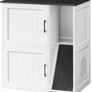 Double Cat Litter Box Enclosure for 2 Cats, Hidden Furniture with Scratch Pad, Wooden Cat House End Table, White & Black
