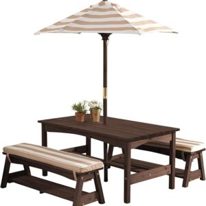 Kids Outdoor Wooden Table & Bench Set, with Cushions & Umbrella, Backyard Furniture, Espresso with Oatmeal White Stripe Cushions