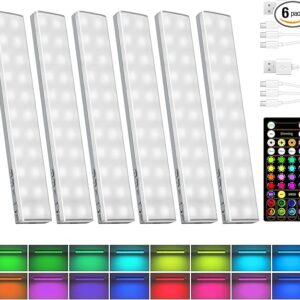 6-Pack RGB Under Cabinet Lights, Wireless Rechargeable Magnetic LED Bar Lights, Dimmable with Timer & Remote, 1800mAh for Kitchen/Display/Car