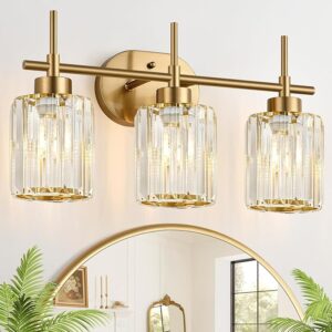 3-Light Crystal Bathroom Vanity Light Fixture, Brushed Gold with Clear Shades, Over-Mirror Bathroom Lighting (Bulbs Not Included)