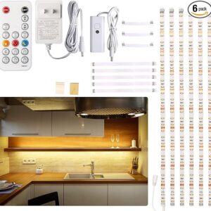 6-Pack Under Cabinet LED Strip Lights Kit, Dimmable Warm White 2700K, Remote Control, 1500lm, Timer, Kitchen/Counter/Shelf Lighting