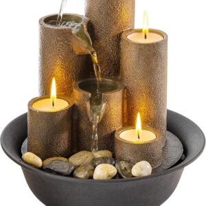 Tabletop Tiered Water Fountain with 3 Candles, Indoor Zen Decor, 11", Brown