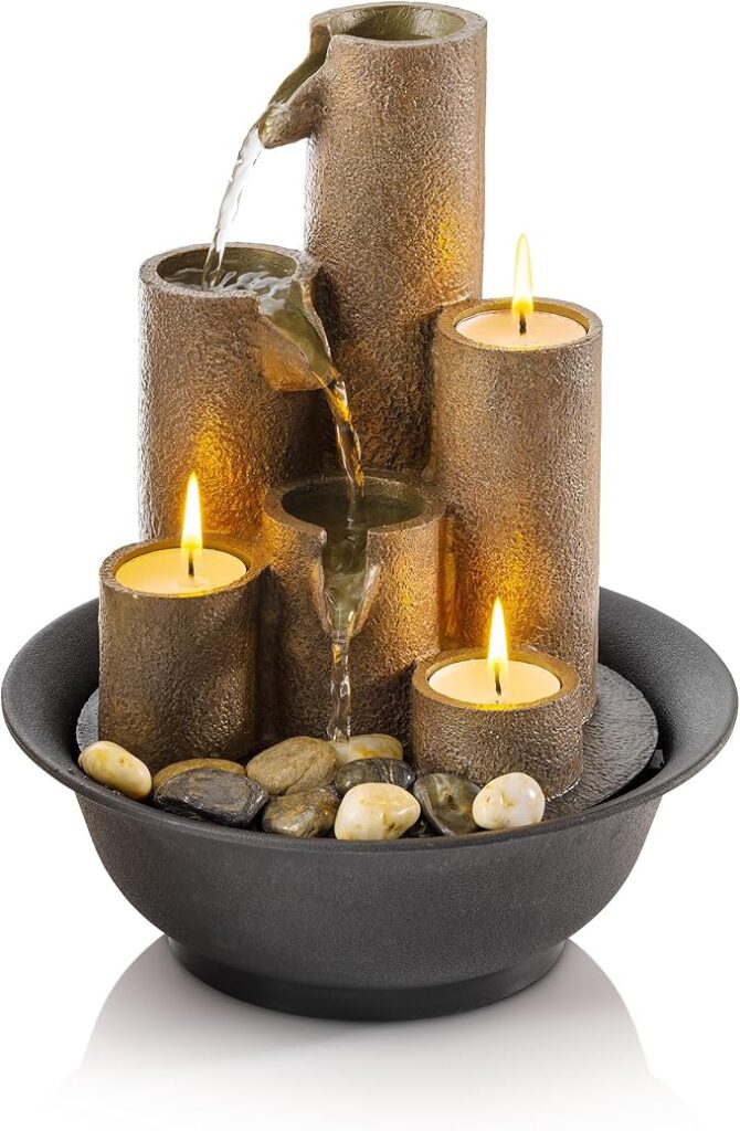 Tabletop Tiered Water Fountain with 3 Candles, Indoor Zen Decor, 11", Brown